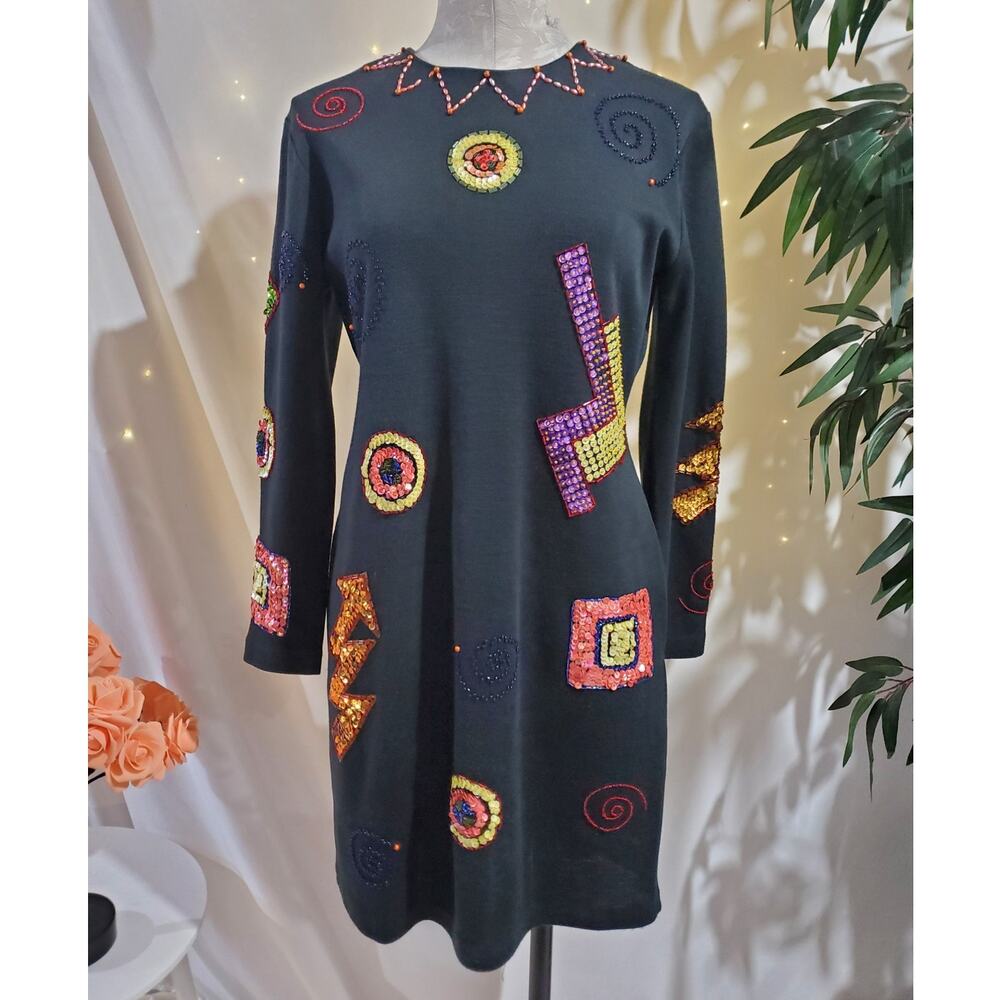 Vtg Liz Claiborne Embellished Sequin Beaded Wool Blend Dress Size SP Artsy Party